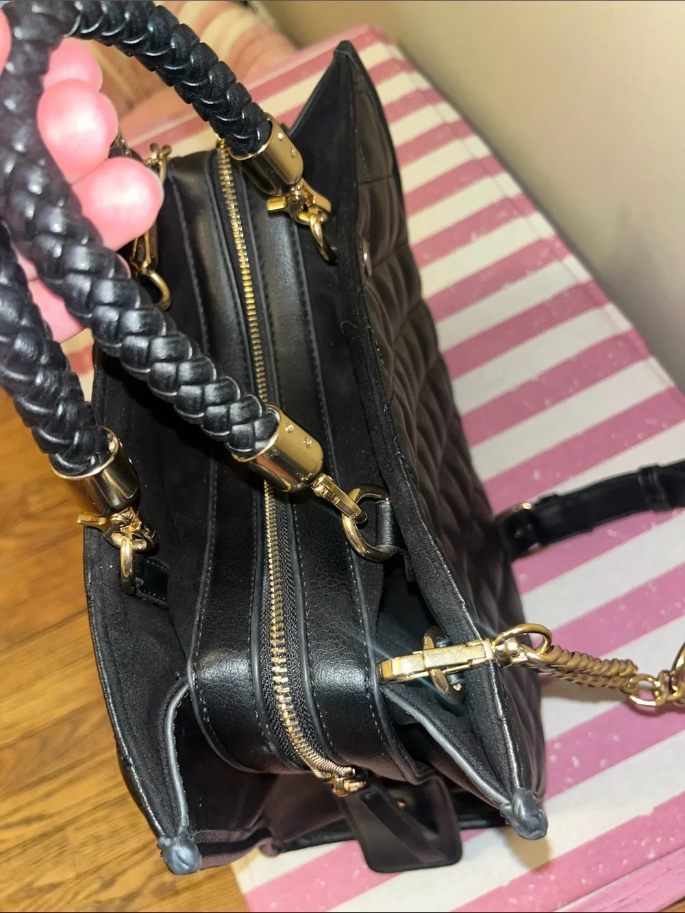 Steve Madden Black Quilted Top-Handle Women’s Bag with Gold Hardware
